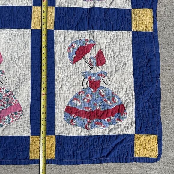 Vintage Parasol Ladies Quilt Hand Stitched Appliqués Blue Border Twin 74”X91” - Picture 16 of 16